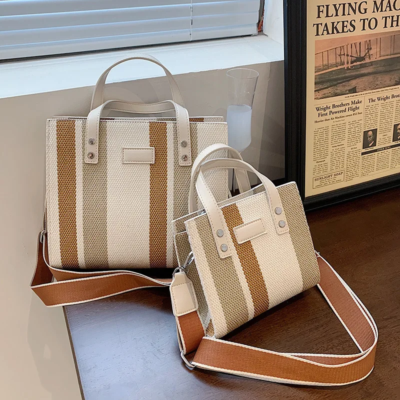 

Casual Stripe Canvas Women's Handbags 2021 Large Capacity Wide Strap Female Shoulder Crossbody Bags Vintage Lady Shopping Totes