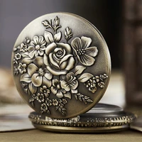 flower rose pocket watch fob clock with chain blossom laser engraved clock for men women bronze case watch vintage fob watches