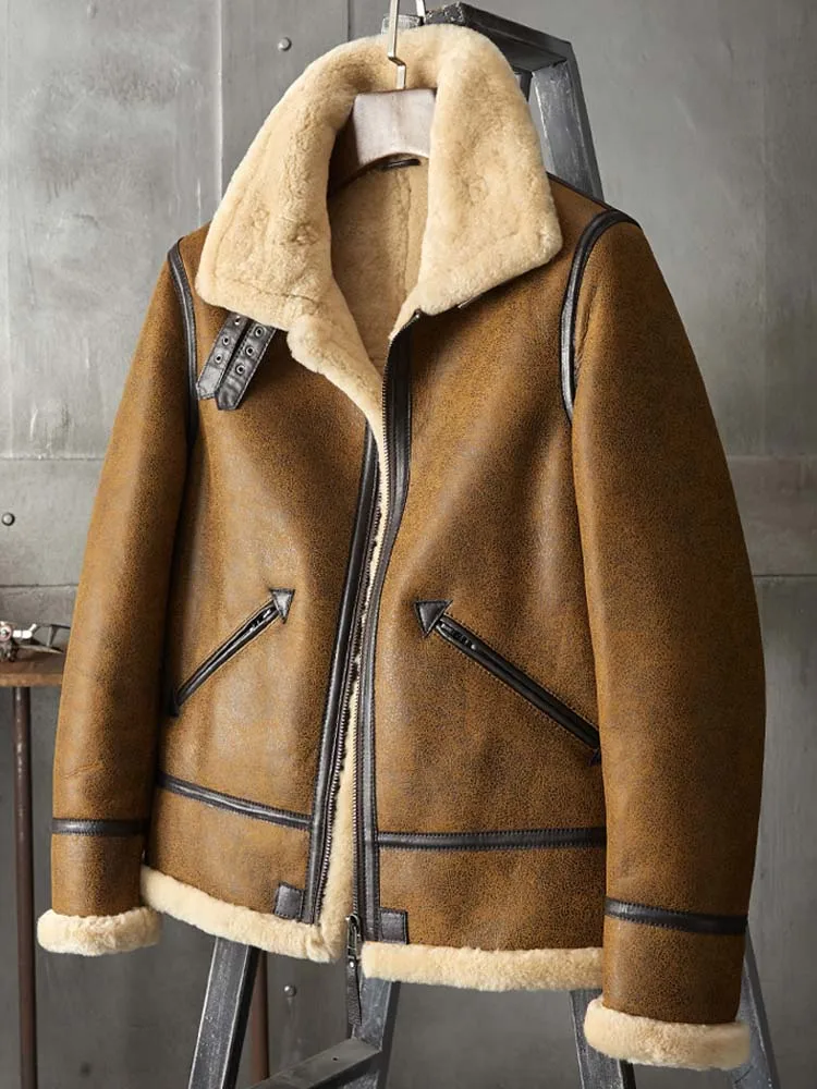 Denny &amp Dora Мужская дубленка B3 Мотоциклетная шуба Коричневое кожаное пальто