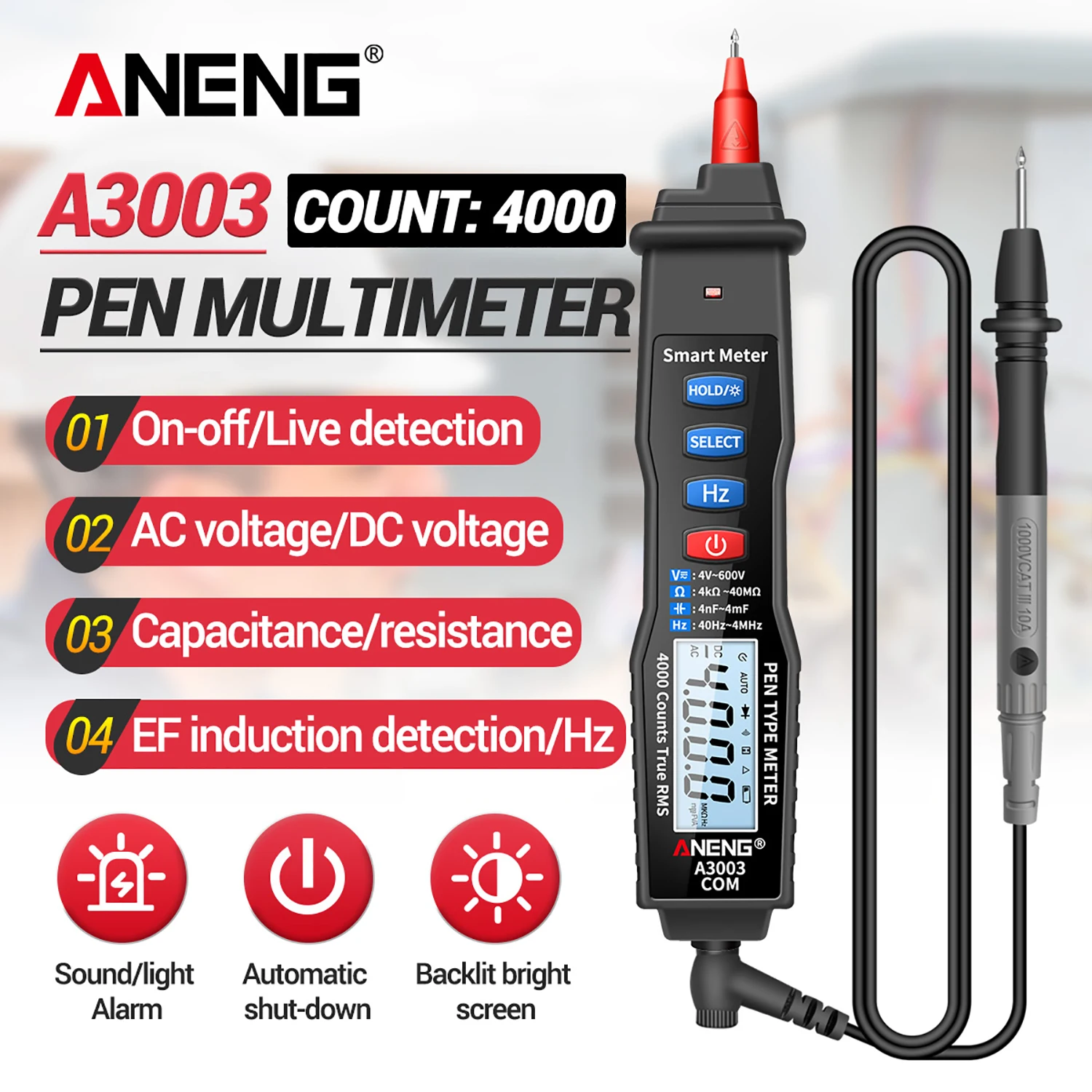 Цифровой мультиметр ANENG A3003, измеритель перьевого типа, 4000 отсчетов с бесконтактным напряжением переменного/постоянного тока, сопротивление, емкость, Гц, тестер - изображение