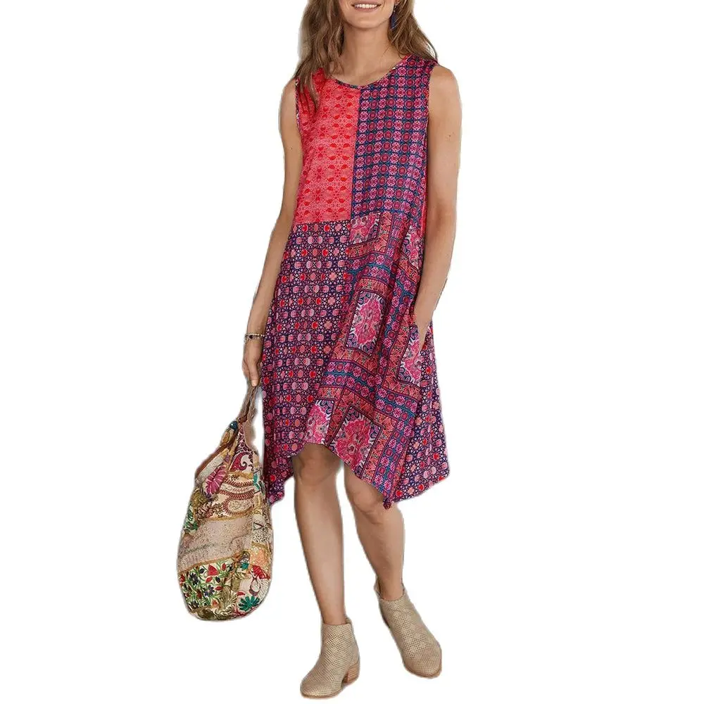 

Dress Casual Stitching Floral Bohemian Beach Vest Skirt 2021 Summer Fashion Round Neck Print Plus Size Women's Clothing