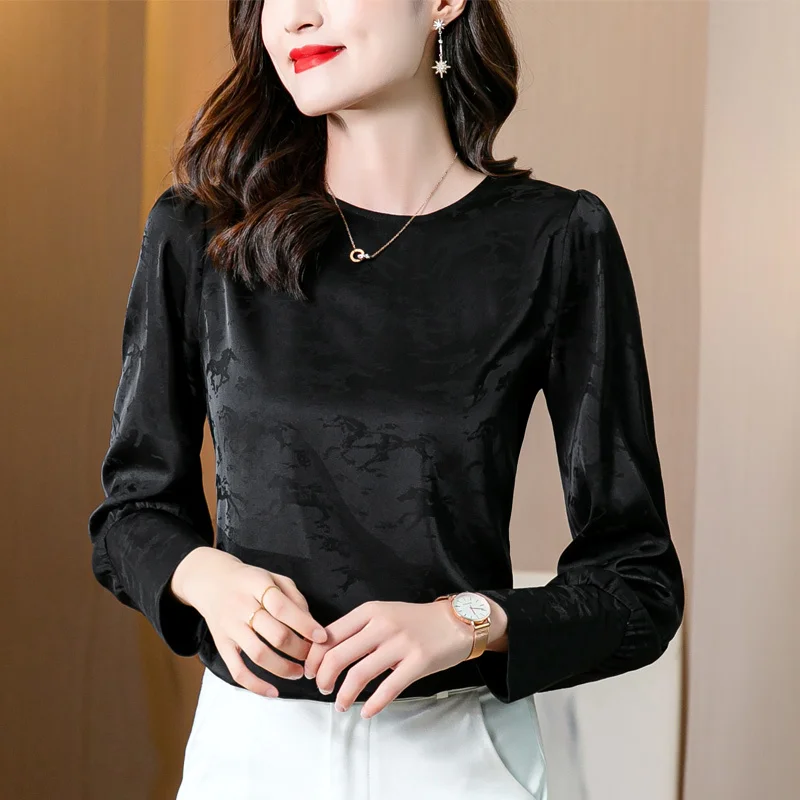 

Silk Shirt Women's Long-Sleeved Autumn New Design Sense Niche Jacquard Loose Satin Mulberry Silk Bottoming Shirt T-shirt