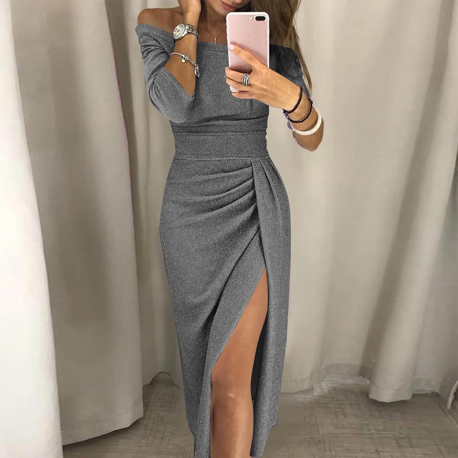 

Женское вечернее платье, разноцветное длинное платье с вырезом-лодочкой, открытыми плечами и разрезом, 2021