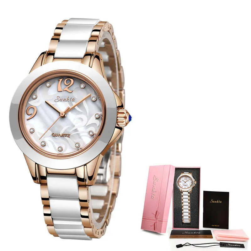 Rose gold white SUNKTA2019 список розовое золото женские часы кварцевые часы дамы Топ бренд класса люкс Женские часы девушка часы Relogio Feminino+ коробка - Цвет: Rose gold white