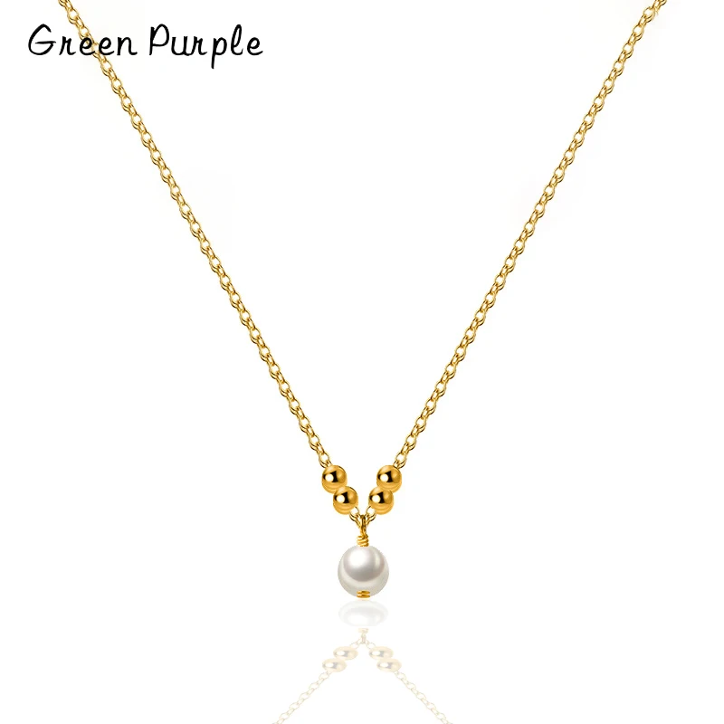 

Green Purple Genuine 925 Sterling Silver Natural Pearl Pendant Necklace 18k GoldRound Beads for Women Korean Party Fine Jewelry
