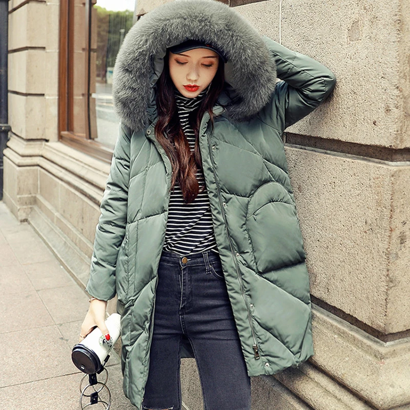

Winter Fur Collar Down Women Jacket Long Fashion Overcoat New Women Thicken Warm Outerwear Female Hooded White Duck Down Coat
