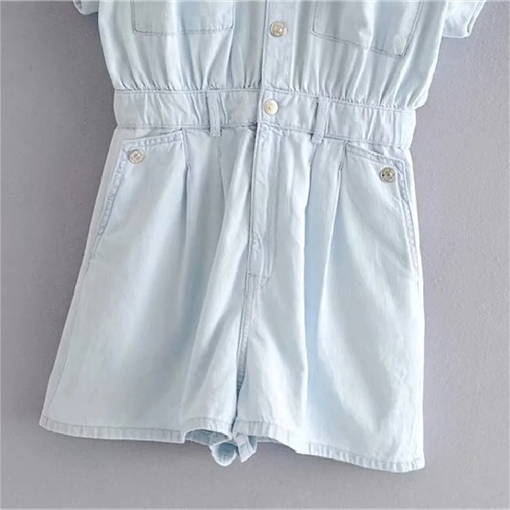 

2020 summer women's new lapel short-sleeved suit jumpsuit was thin waist simple casual denim strap jumpsuit