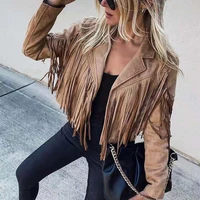 womens cropped fringe tassel jacket long sleeve lapel suede leather motor biker jackets top casual cardigans outwear