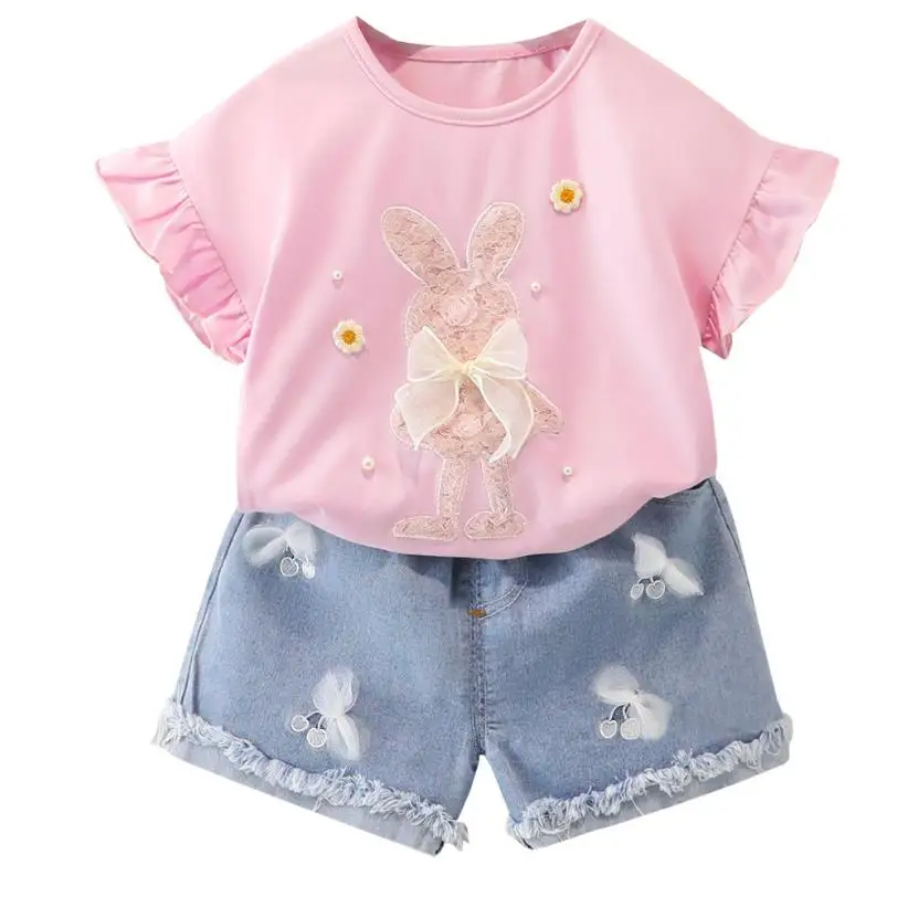 Girls Summer Clothes Sets Shirts Denim Shorts 2 pieces Cotton Cartoon Fashion Suit For Children Kids New baby Toddler Wear 0-4Y