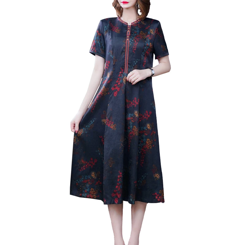 

COIGARSAM Women Long Dress Summer Office Lady Silk Short Sleeve Mandarin Collar Dresses Traf Robe Vestidos