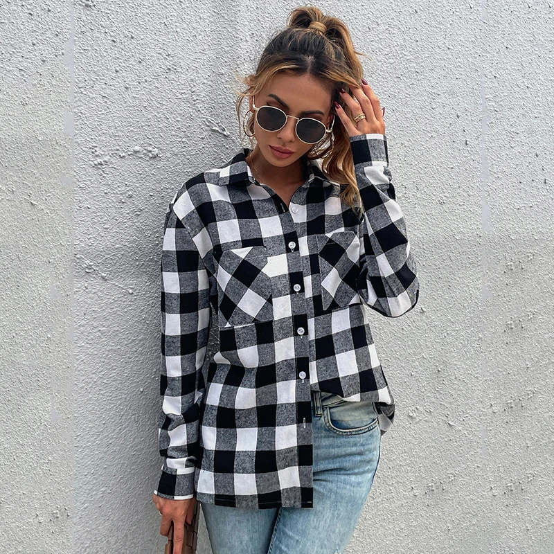 

CARDE HOMES 2021 Autumn New Women Long Sleeve Black And White Plaid Casual Shirt Lady Turn-Down Collar Slim Fashion Jacket