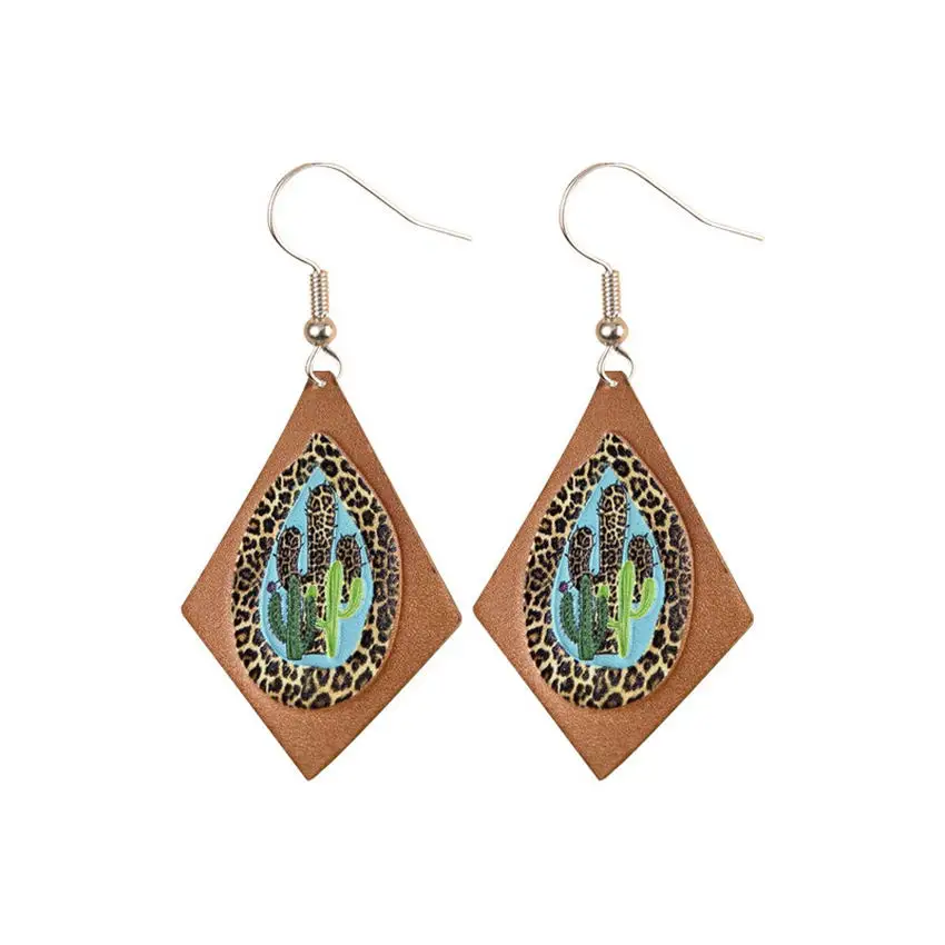 

Leopard Cactus Print Brown Leather Kite Drop Earrings for Women 2021 New Designer Cactus Dangle Earrings Jewelry Wholesale