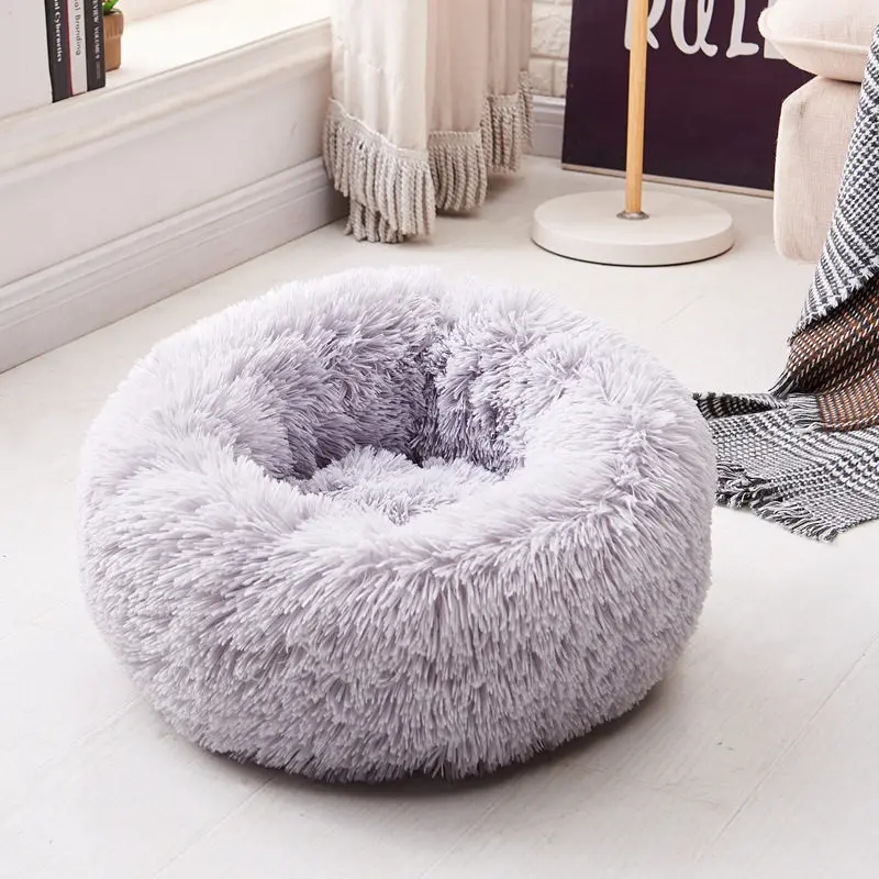 Light grey Длинная плюшевая круглая кровать для собак супер мягкая подстилка для домашних животных собака кошка зима теплый спальный мешок Подушка для щенка коврик переносные товары для кошек - Цвет: Light grey