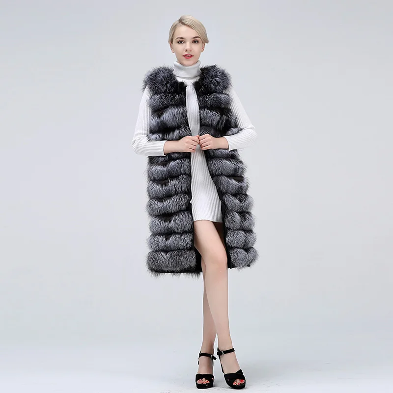 100% Genuine Winter Long Real Silver Fox Fur Stripes Vest Collar  Sleeveless Coat Clothing Women 2019 Real Fur Extended Coat