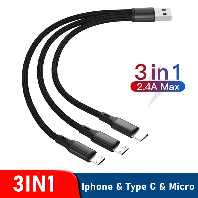

Universal 3in1 Micro USB Type C Fast Charger 25cm Cable for Samsung S20 S10 S9 Portatil Carregador For Iphone 13 12 11 Pro Max