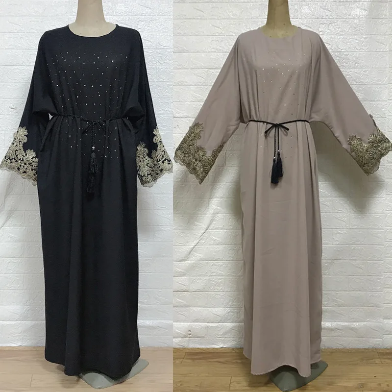 

Ladies Muslim Dubai Abaya Long Sleeve Dress Floral Hot Rhinestone Embroidered Turkish Turban Robe Kaftan Middle Eastern Islam