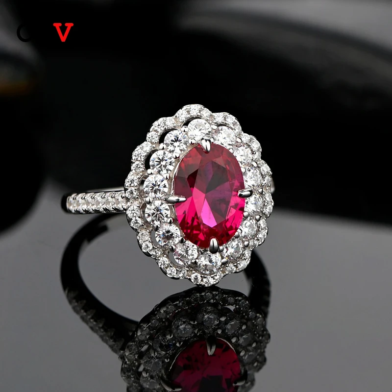 

OEVAS 100% Серебро 925 пробы Овальный Рубин Сапфир обручальные кольца для женщин сверкающие высокоуглеродистые бриллианты ювелирные изделия опт...