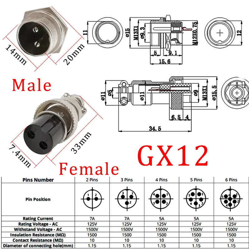 1 шт. металлический GX12 2-6 контактный круглый авиационный Разъем 2P/3/4/5/6-контактный