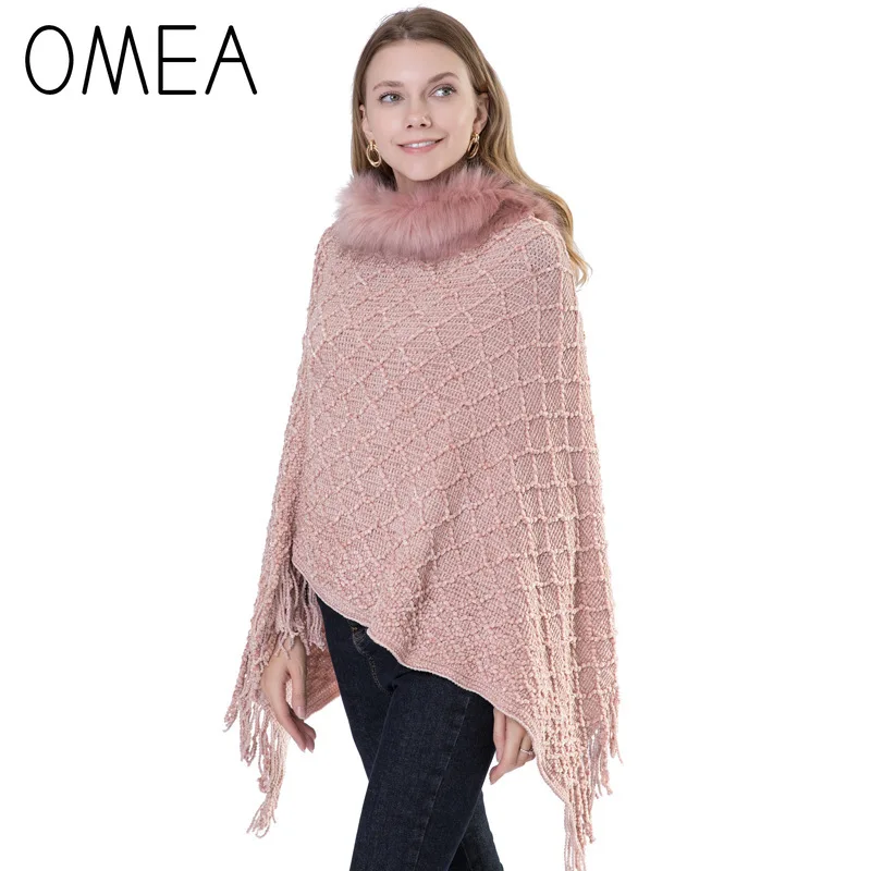 

Пончо женское кашемировое, с меховым воротником, с кисточками