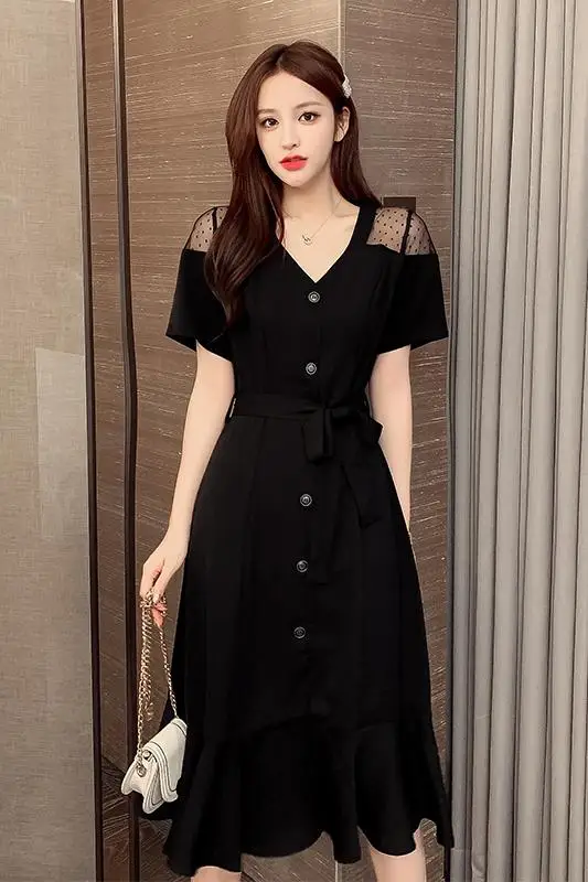 

COIGARSAM Short Sleeve Women one-piece dress korean New Summer High Waist Dresses Black 8630
