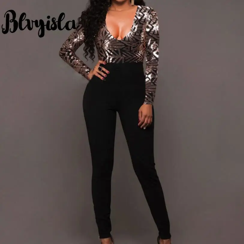 

Blvyisla Sequined Long Sleeve Jumpsuit Deep V Neck Sexy Bodysuits Splice Long Romper Playsuit