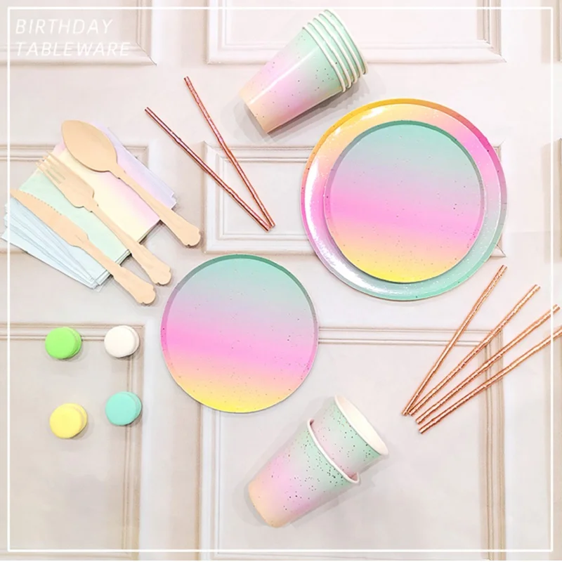 

Gradient Rainbow Disposable Paper Party Plates Set Party Paper Tableware for Birthday Baby Shower Wedding Rainbow Party