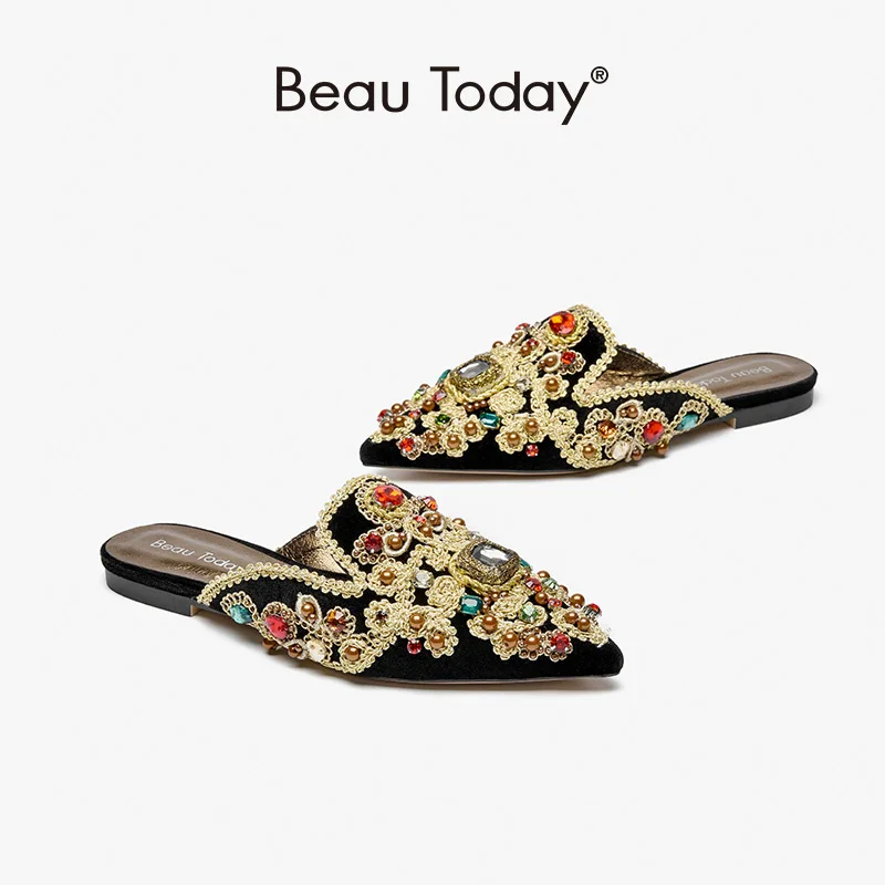 melhor Beautoday Mules Feminino Flannelette Bordada Decoração De Cristal Chinelos Apontou Toe Deslizamento-on Sapatos Para Mulher Artesanal 36197