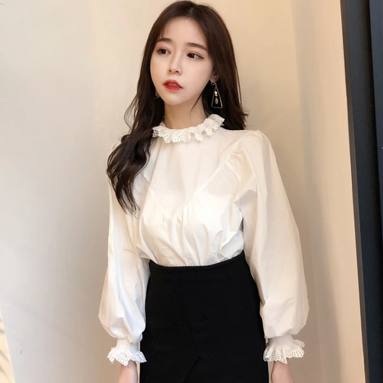 Женская блузка с рукавом фонариком тонкая Свободная кружевной строчкой