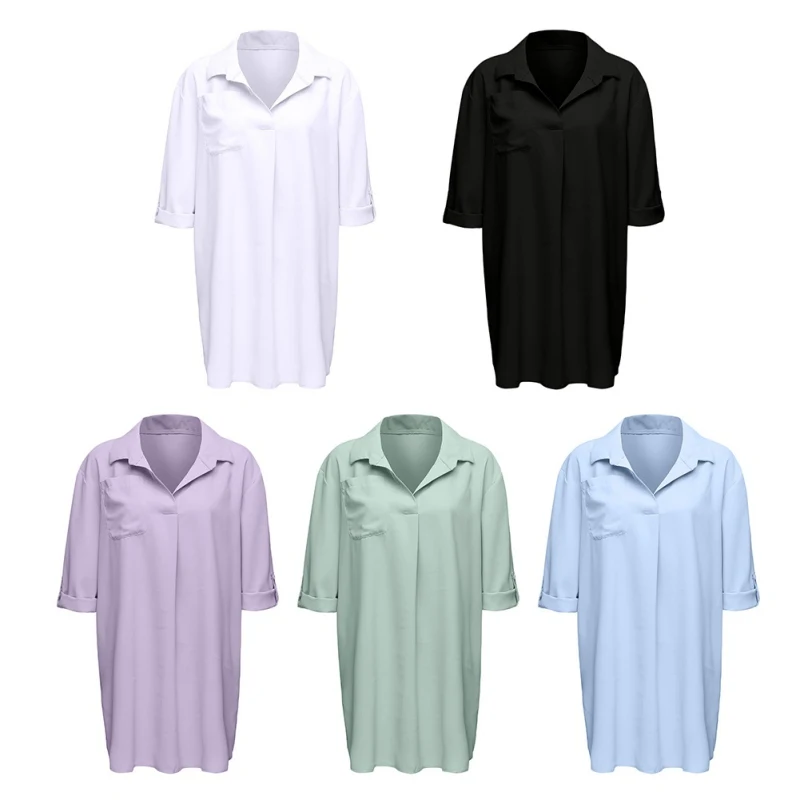 

Vintage Blouse Fashion New Long-sleeved Lapel Shirt Beach Sunscreen Shirts Casual Solid Color Women's Blouse