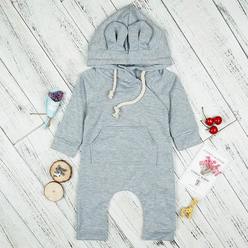 Newboorn/Детский комбинезон Зимний серый с длинными рукавами и капюшоном заячьими