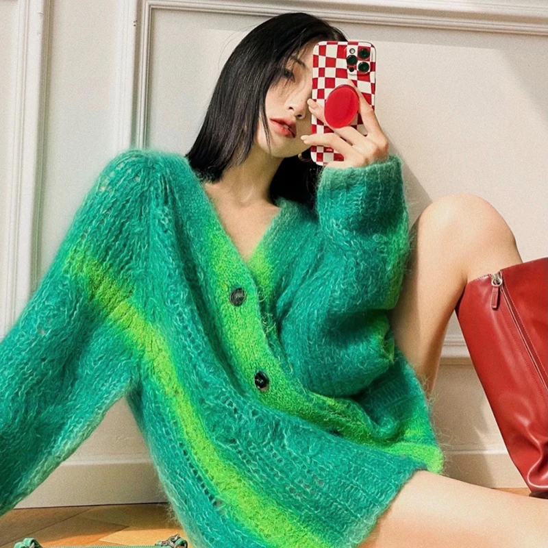 Повседневный свободный зеленый женский свитер XIZIHUPAN прямой кардиган с V-образным