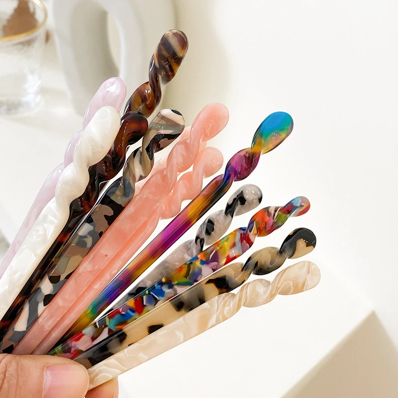 

2021 New Vintage Geometric Twist Multicolor Hair Sticks Acetate Sheet Ball Head Hairpins Headwear Accessories For Women