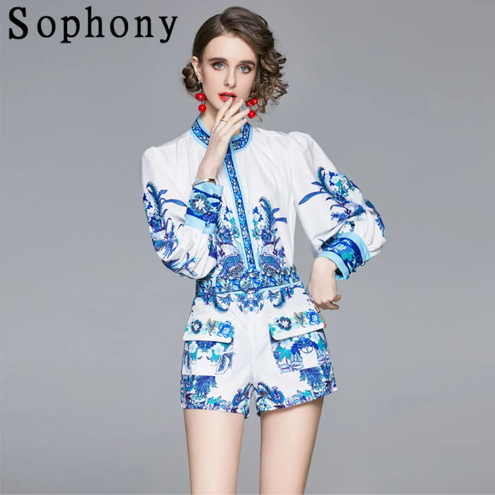 

Женский комплект из двух предметов, элегантный подиумный костюм из рубашки с цветочным принтом и рукавами-фонариками и шорт с поясом и карм...