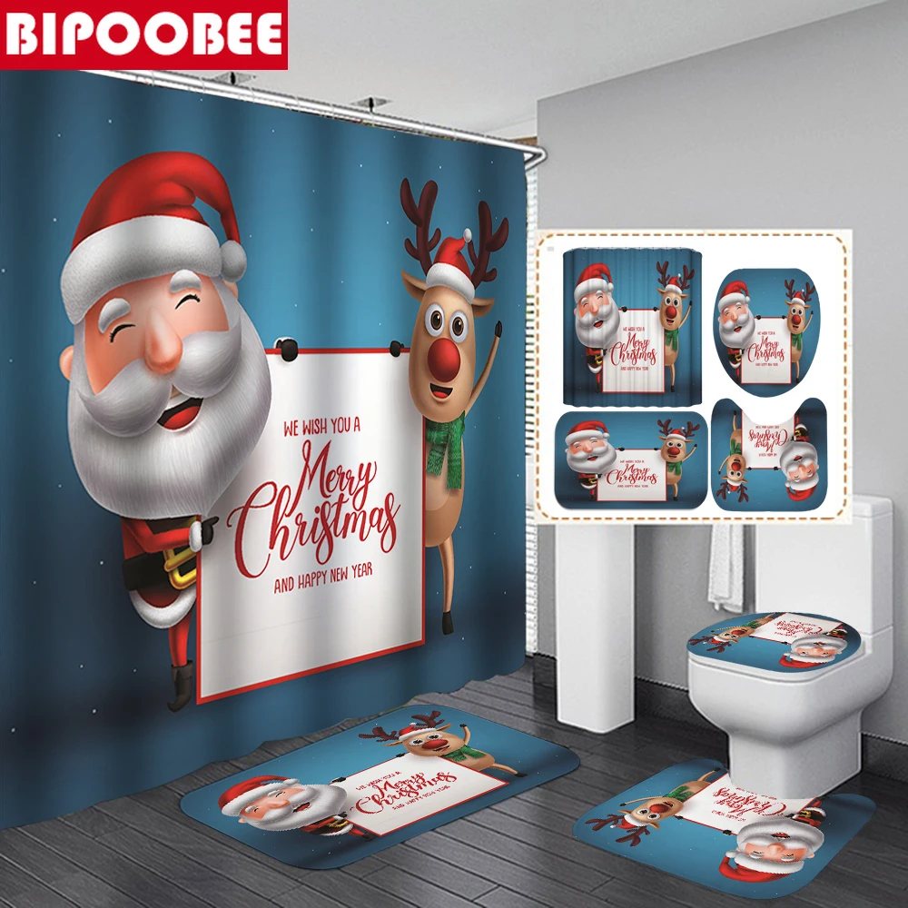 Занавеска для душа с принтом Санта-Клауса и лося Рождественская занавеска ванной