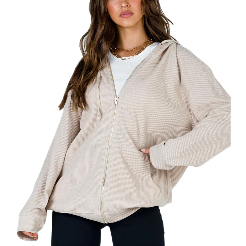 

2021 Spring Autumn Casual Zip Up Hoodie Women Long Sleeve Solid Color Drawstring Jacket with Pockets Female Hooded Sweatshirts