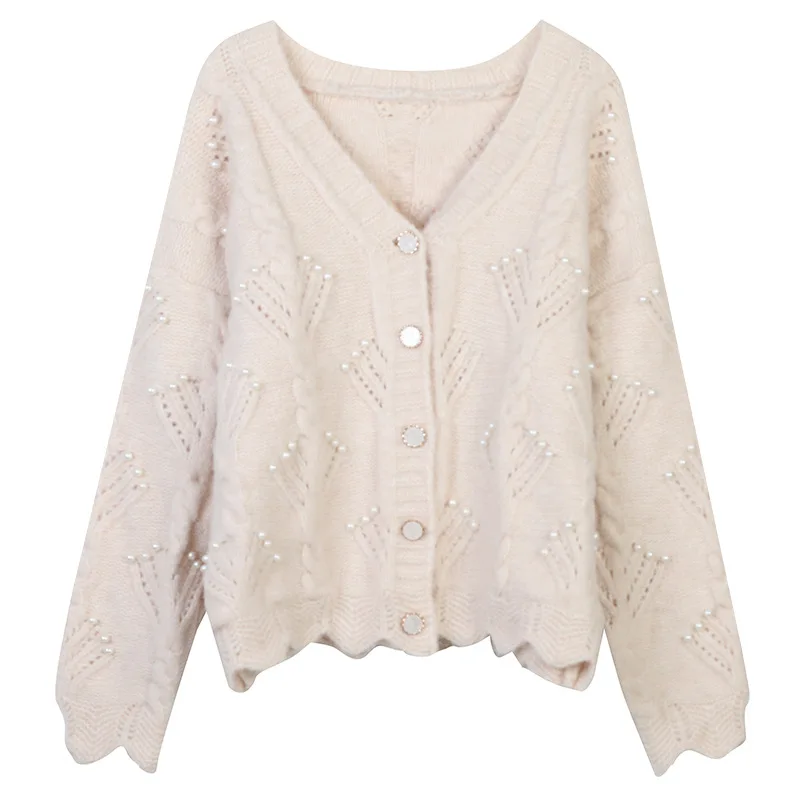 

SHUCHAN Beading Sweater Women Long Sleeve Autumn and Winter 2021 V-Neck Pearls Single Breasted Apricot Hollow Out Thick