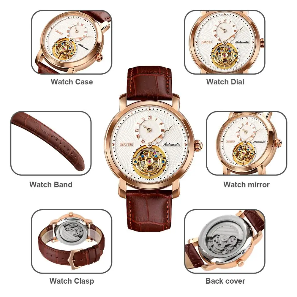 

SKMEI Metal Tourbillon Automatic Watch For Men Leather Strap Waterproof Skeleton Creative Mechanical Wristwatch Male Gift 9240