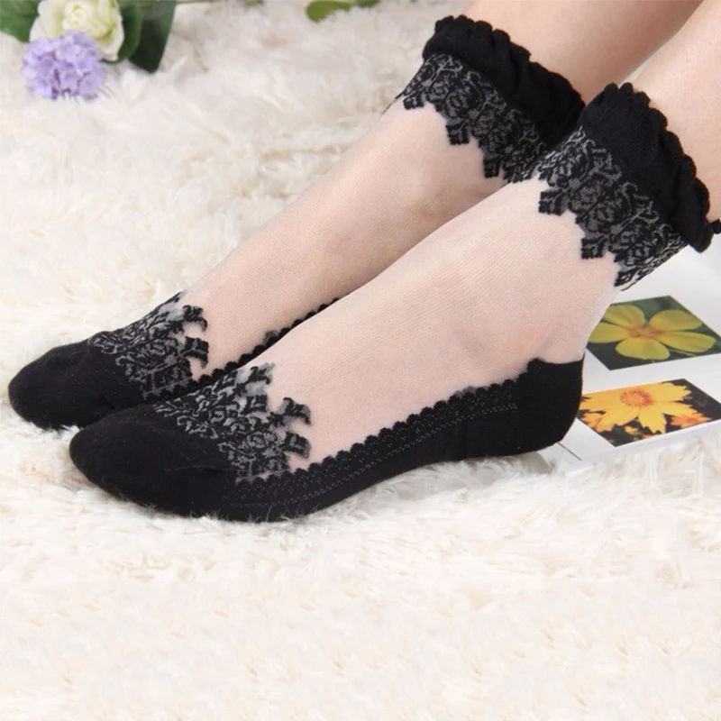 2 Pair Women Lace Ruffle Ankle Sock Soft Comfy Sheer Silk Cotton Elastic Mesh Knit Frill Trim Transparent Women's socks Hot 2020