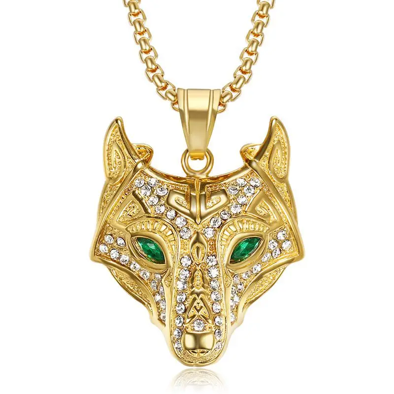 

European And American Hip Hop Nordic Vikings Celtic Wolf Head Titanium Steel Gold Plated Diamond Pendant Necklace
