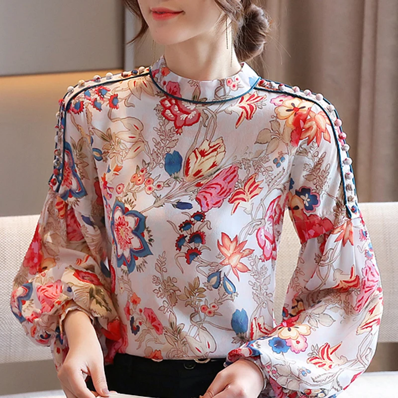 

Long Sleeve Women Blouses Blusas Mujer De Moda 2021 Blouse Women Stand Collar Print Chiffon Blouse Shirt Women Tops Shirts