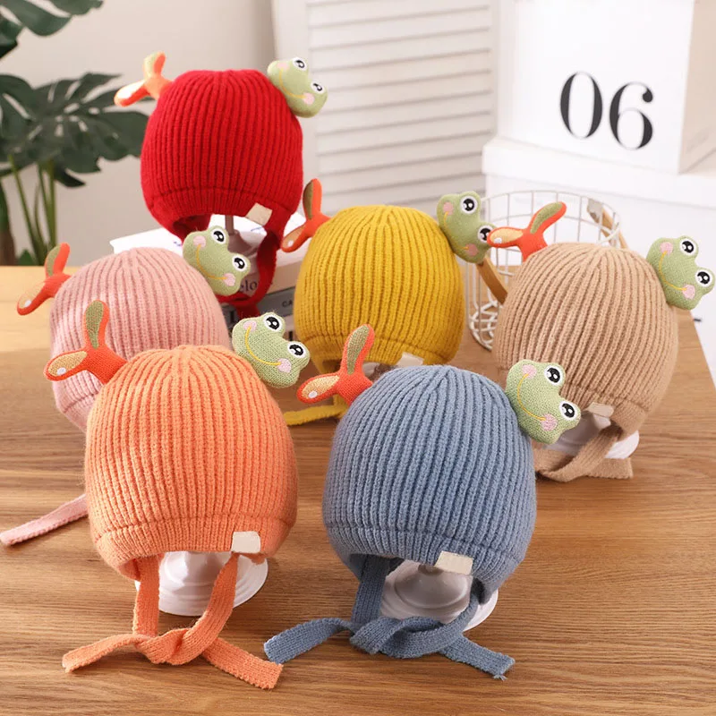 

Вязаная Детская шапка с мультяшными животными, мягкая Вязаная Шапка-бини с защитой ушей для новорожденных девочек и мальчиков, теплая осенн...