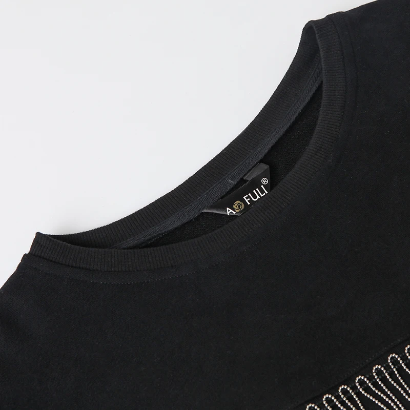 L~ 4XL 5XL Beadings Tassel Women Cotton Sweatshirt Black Long Batwing Sleeve Tee Shirt Big Size Ovesize Casual Tops AOFULI A4074