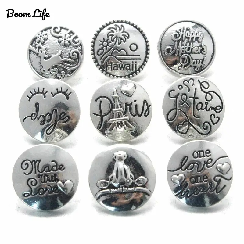 

Boom Life Snap Button Jewelry 10pcs/lot Mix Many Styles Metal Charm 18mm Snap Button Bracelet For Women 011107