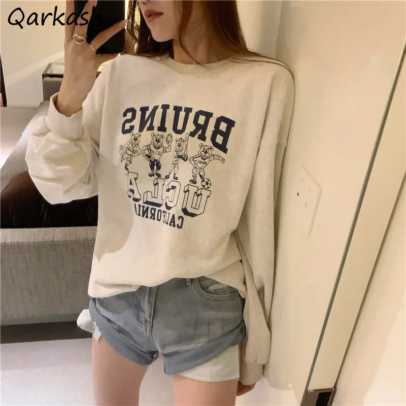 

No Hat Hoodies Women School Girls Loose Printed Outwear Unisex Couple Sweatshirts All-match Daily Comfortable Pullovers Fashion