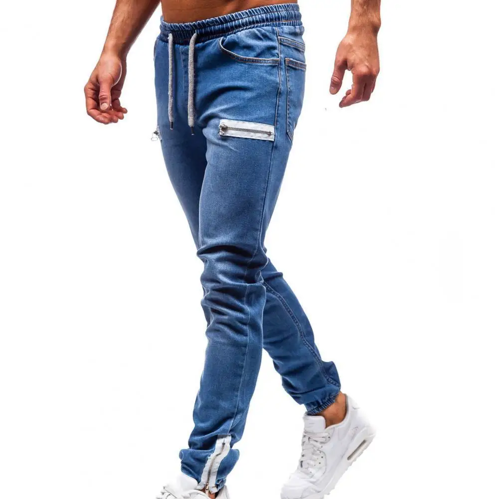 

Summer Denim Pants Frosted Zipper Drawstring Men Multi Pockets Ankle Tied Jeans for Dating Casual Slim- Fashion Clothing
