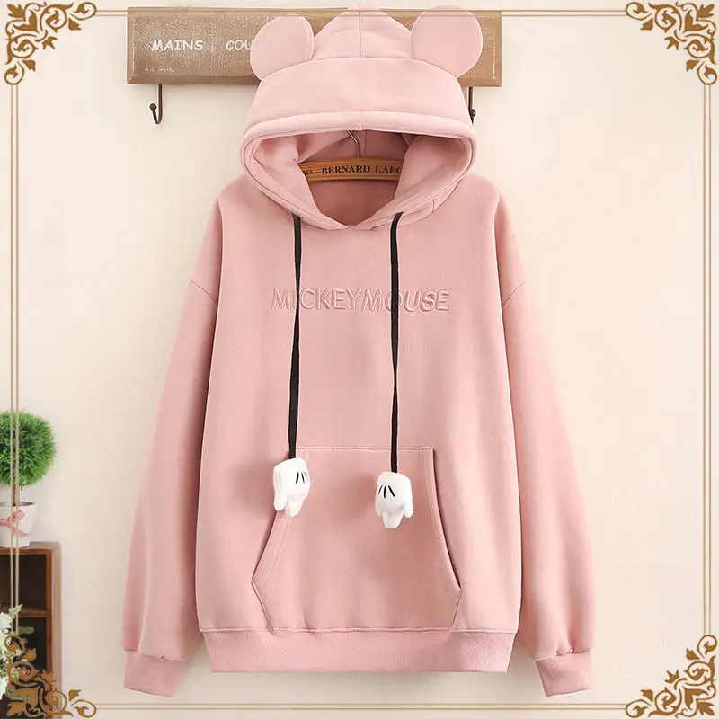 Женская однотонная толстовка с вышитыми буквами свитшот ушками свободный Зимний