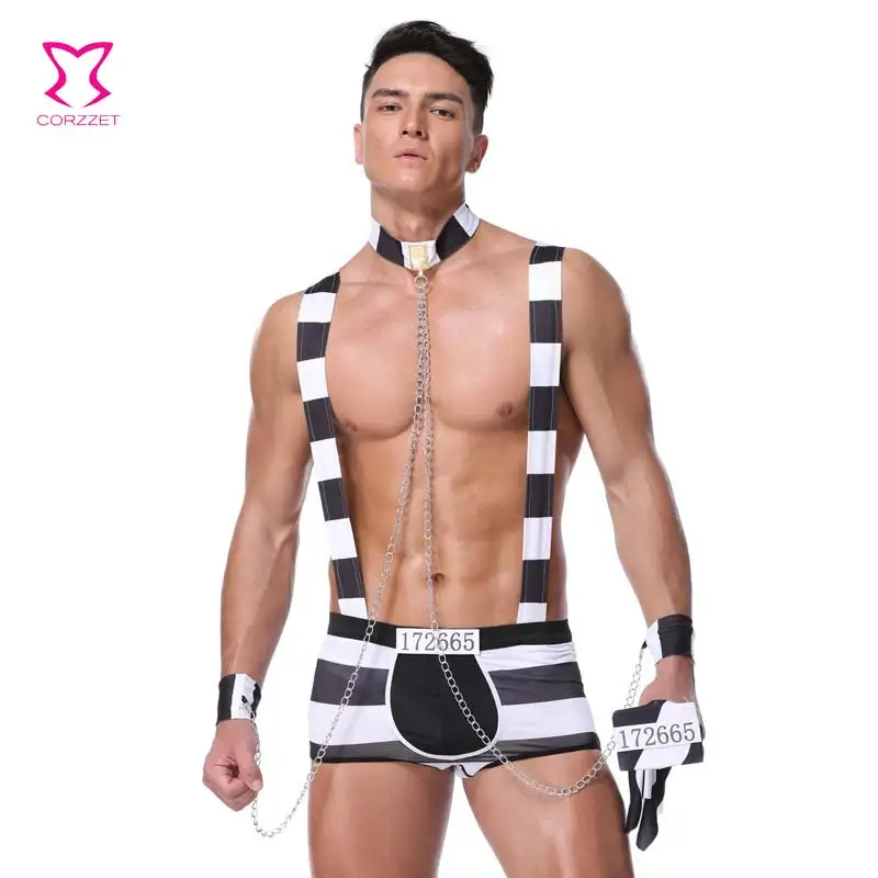 Пикантные мужские комбинезоны в черно белую полоску костюмы для косплея на