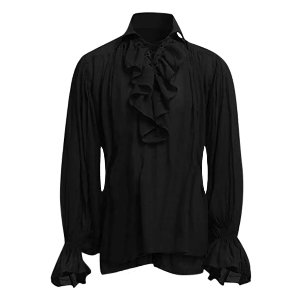 Черный Camisa Masculina блуза Мужская Готическая стимпанк Свадебная вечеринка Клубная одежда Средневековая с длинным рукавом стоячий воротник жабо украшенная рубашка для мужчин - Цвет: Черный