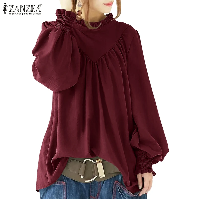 

ZANZEA Stylish Ruffles Work Tops Vintage Long Lantern Sleeve Blouse Women Autumn Shirt Casual Solid Loose Blusas Oversize Tunic