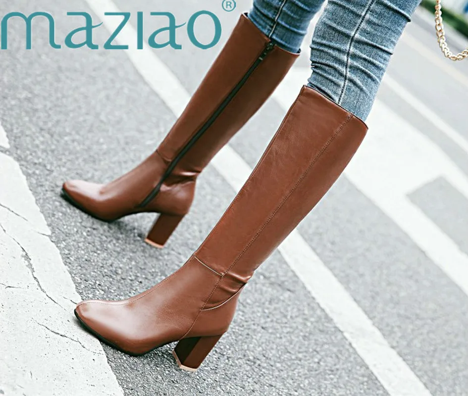 Большие Size32-45; модные ботинки на квадратном каблуке; сезон осень-зима; женская обувь на высоком каблуке с квадратным носком на молнии; сапоги до колена; женская обувь; ; MAZIAO